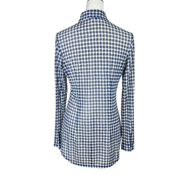 Cabi 736 Blue & Cream Geometric Print Sheer Mesh Long Sleeve Button Up Blouse - Picture 4 of 13